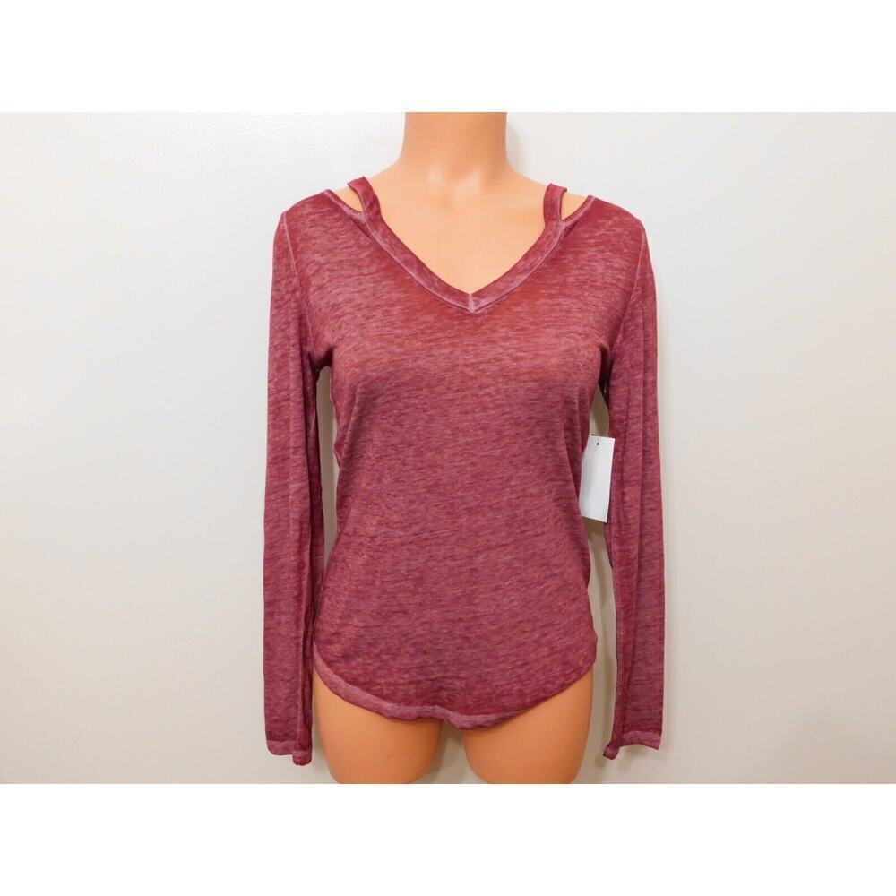 JR446 Derek Heart Cabernet Red Women's Long Sleeve Burnout T-Shirt Size M